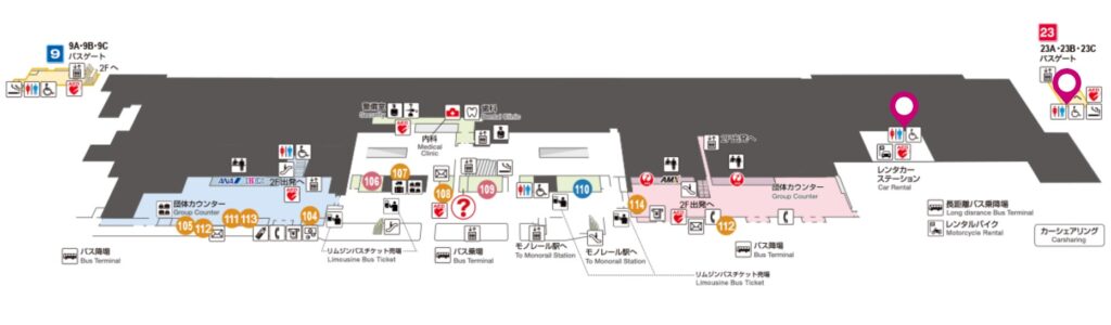 大阪国際空港1Fのユニバーサルシートがある多機能トイレの地図です。