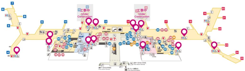 大阪国際空港2Fのユニバーサルシートがある多機能トイレの地図です。