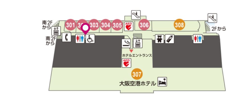 大阪国際空港3Fのユニバーサルシートがある多機能トイレの地図です。